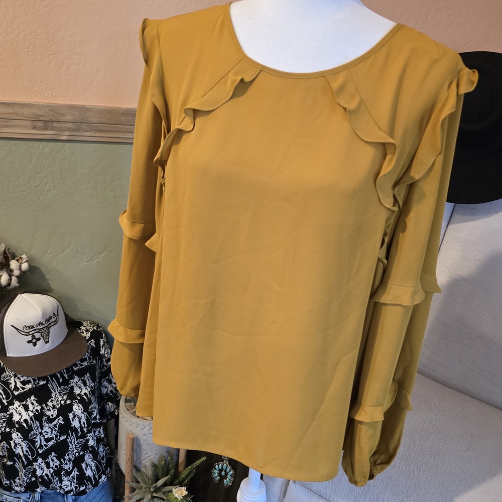 CeCe Mustard Ruffle Blouse